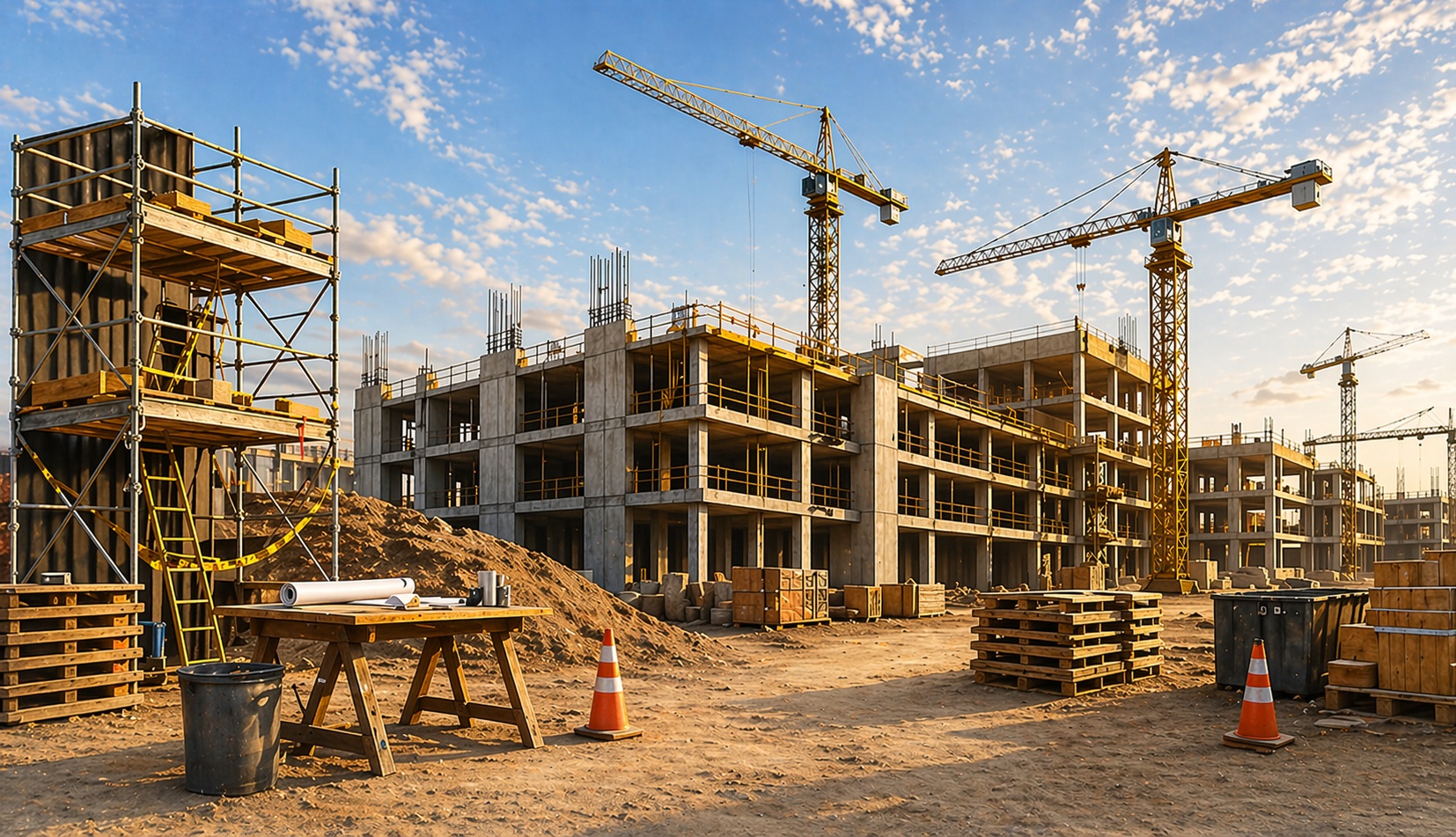 Active construction site with cranes at golden hour