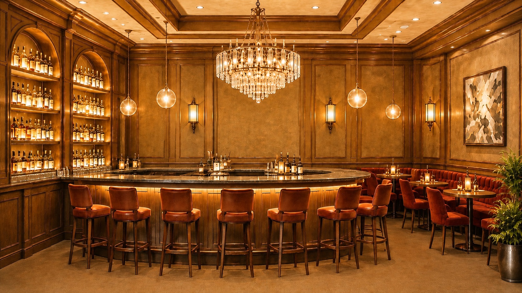 Mirage dinner scene — warm wood bar and chandelier