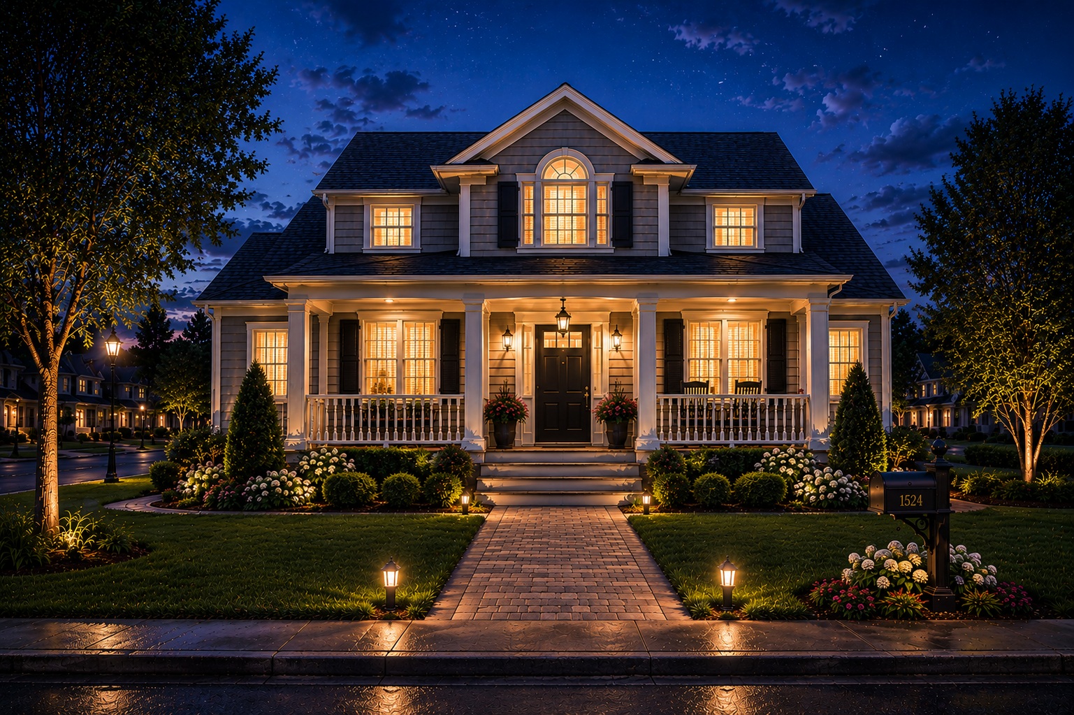 Myer's home exterior at twilight