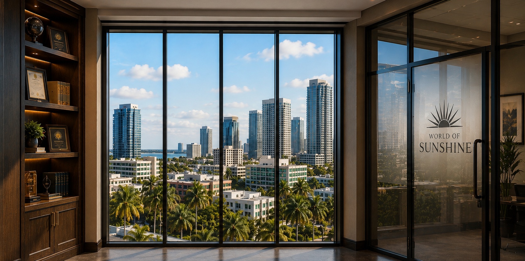 Rob's World of Sunshine office overlooking Miami skyline