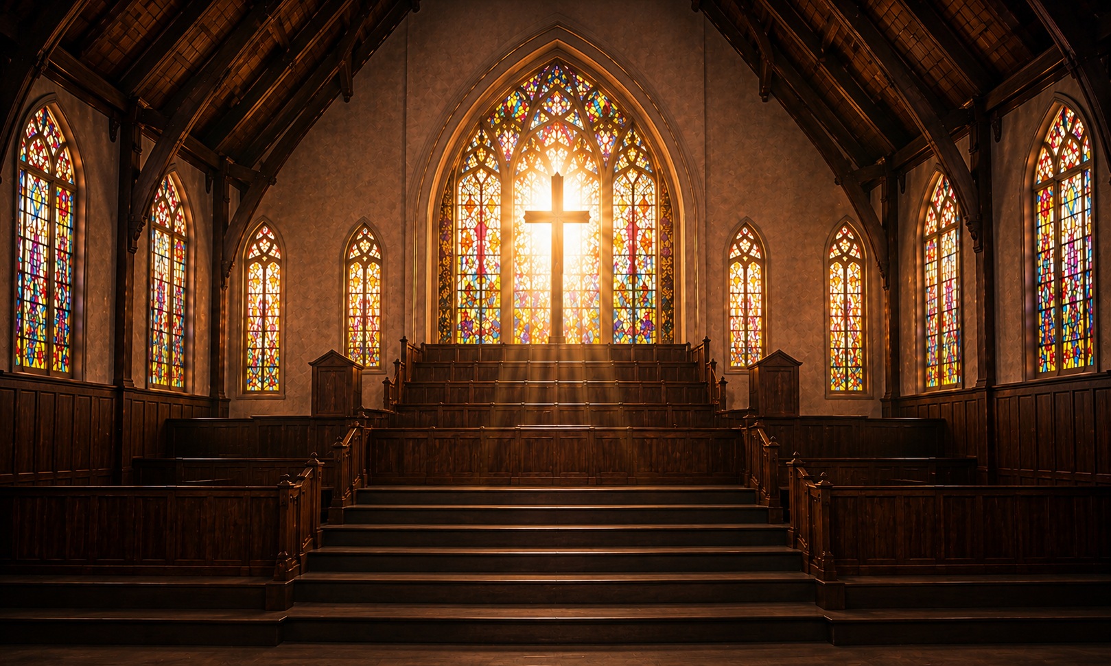 Shiloh MBC sanctuary with stained glass and cross