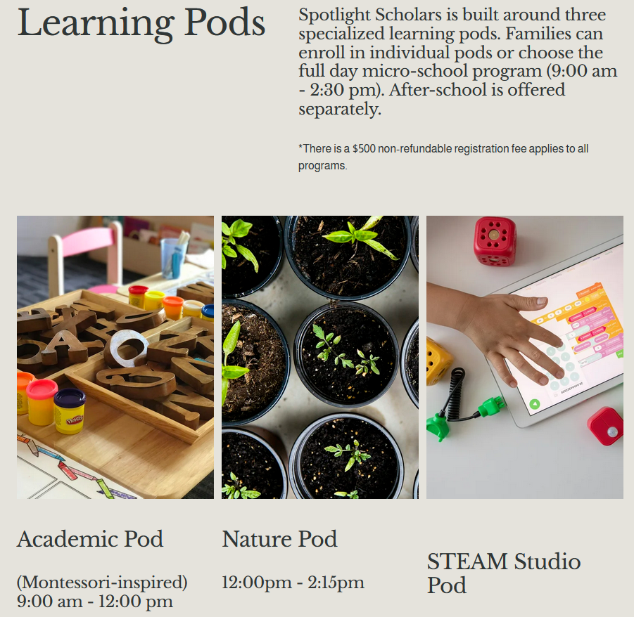 Three Learning Pods section